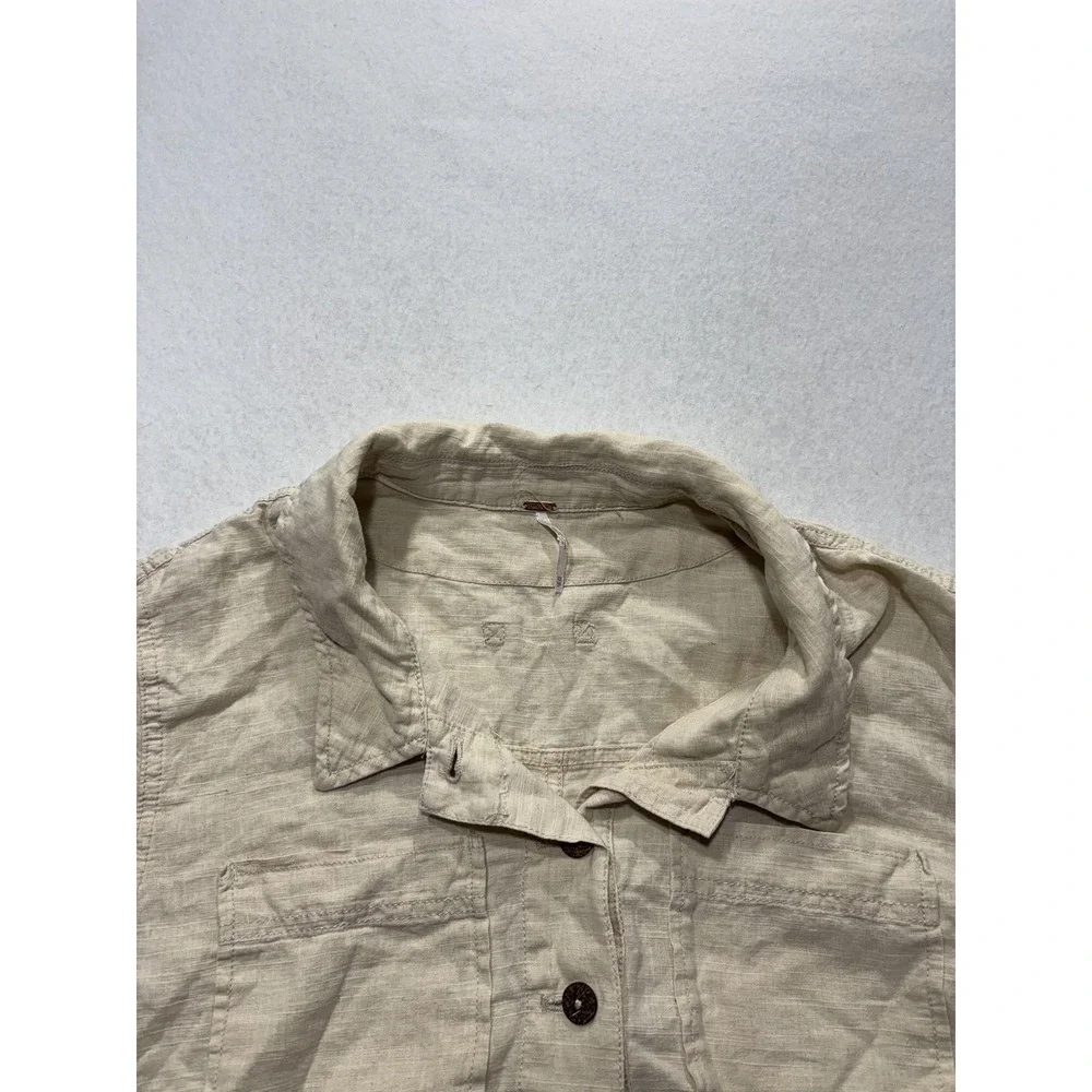 Free People Jacket Womens XS Beige Linen Cropped Button Front Drawstring Hem